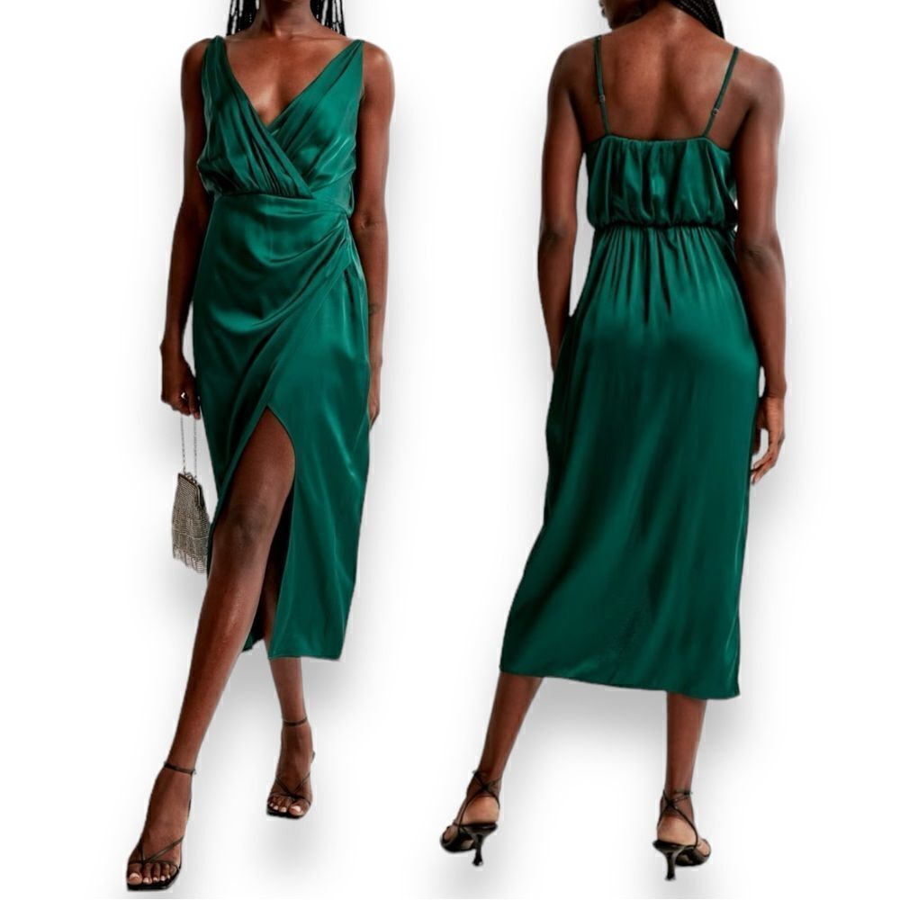 Abercrombie&Fitch TALL Green Satin Draped Wrap Midi Dress NWT